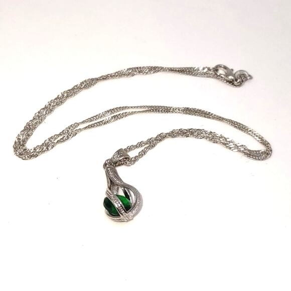 925 Silver Necklace W/ Green Lab Emerald Teardrop Pendant Anniversary Birthday - Picture 5 of 6
